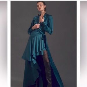 PatBO Teal Satin Asymmetrical Wrap Dress High Low Formal Evening Sz 10